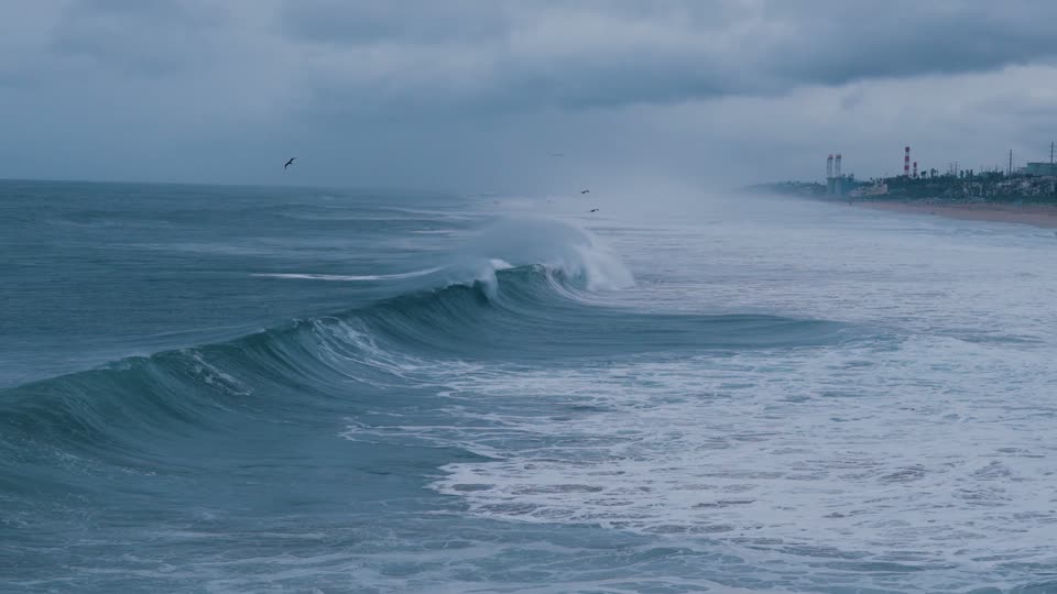 Wave breaking with the Gold Coast skyline behind